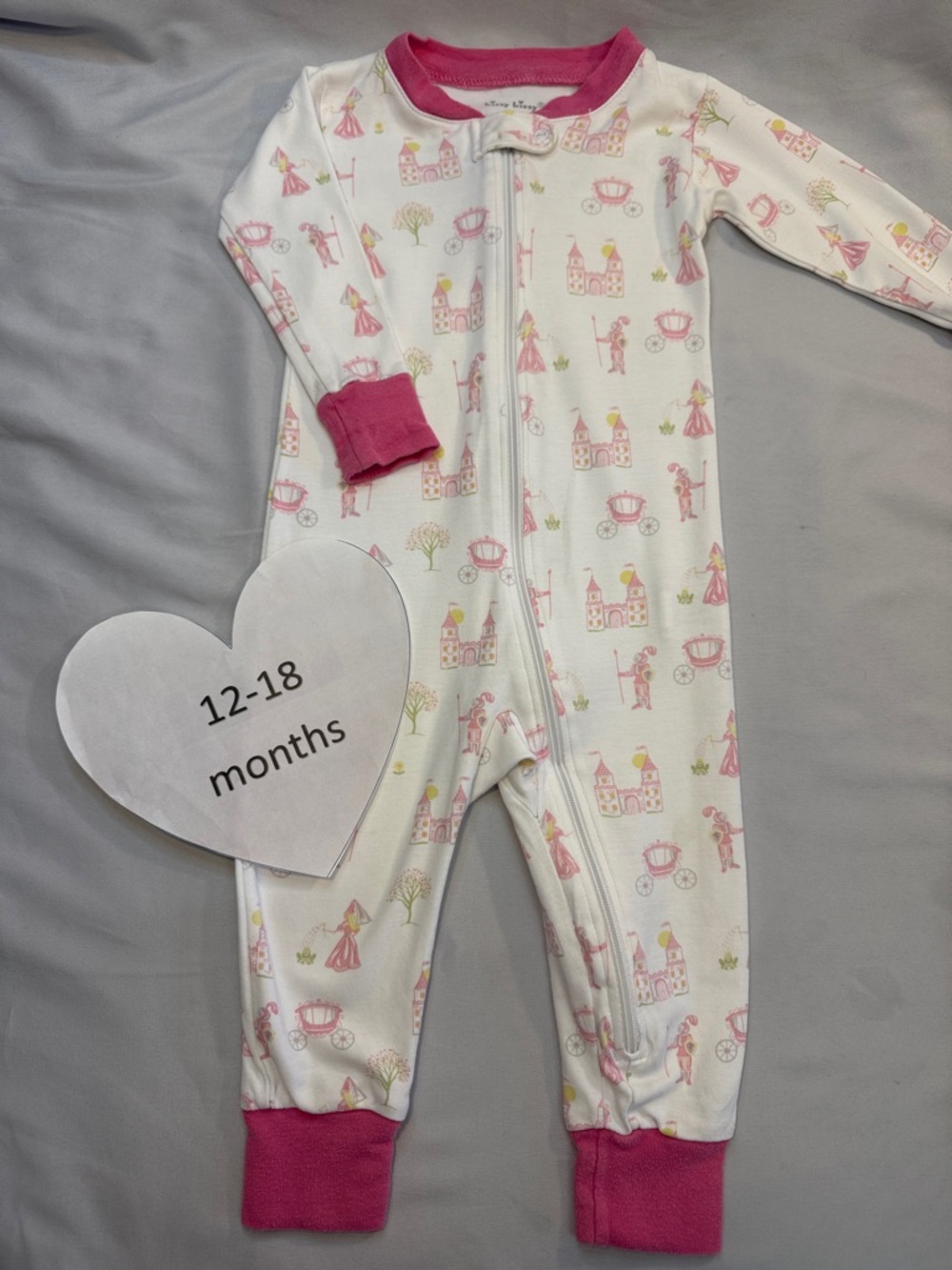 Kissy Kissy White One-Piece Footie with Pink Trim and Castle Print